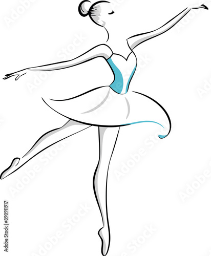 Elegant illustration of a ballet dancer in a delicate pose, showcasing grace and beauty with fluid lines and blue accents. photo