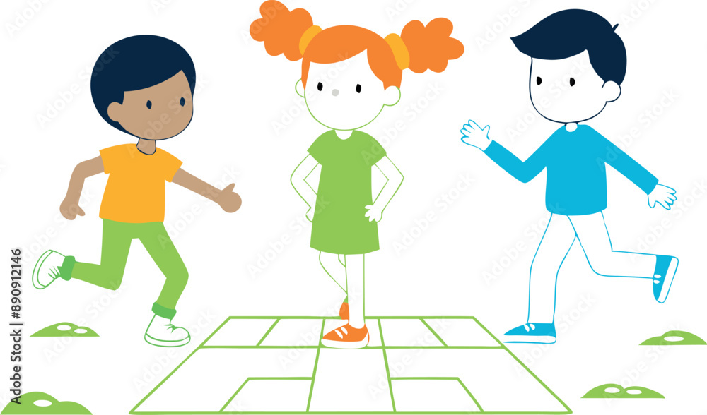 Playful illustration of three kids enjoying a game of hopscotch, capturing the essence of childhood fun and outdoor activity. Playful illustration of three kids enjoying a game of hopscotch, capturing the essence of childhood fun and outdoor activity.