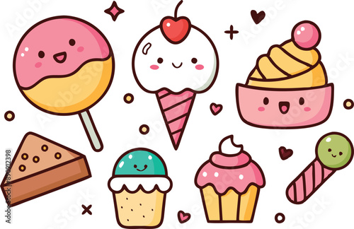 Adorable kawaii style illustration featuring various sweets and desserts with cheerful expressions. Perfect for children’s designs and food-themed projects.