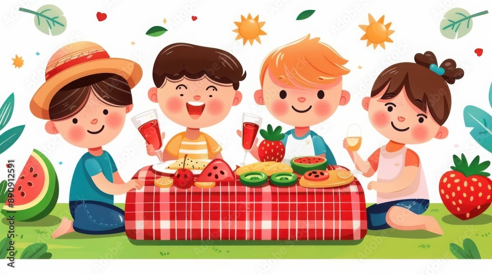 Happy children enjoying a summer picnic with fruits and laughter on a sunny day, featuring strawberries, watermelon, and kiwi slices. Happy children enjoying a summer picnic with fruits and laughter on a sunny day, featuring strawberries, watermelon, and kiwi slices.
