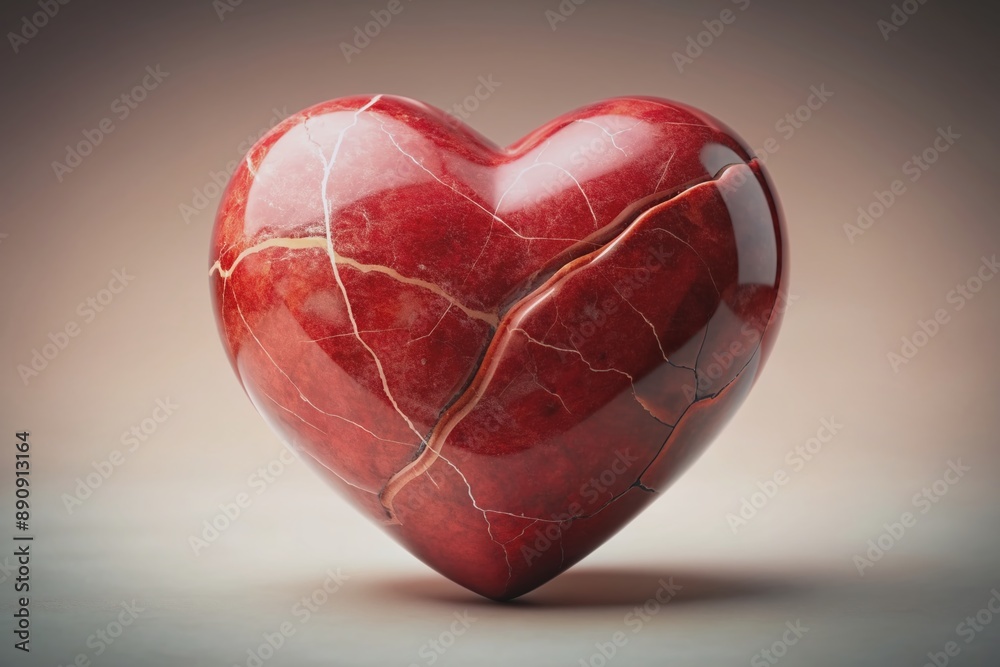 A delicate, high-resolution red marble heart with a noticeable crack, isolated against a soft, gradient background, conveying a sense of vulnerability and imperfection. A delicate, high-resolution red marble heart with a noticeable crack, isolated against a soft, gradient background, conveying a sense of vulnerability and imperfection.