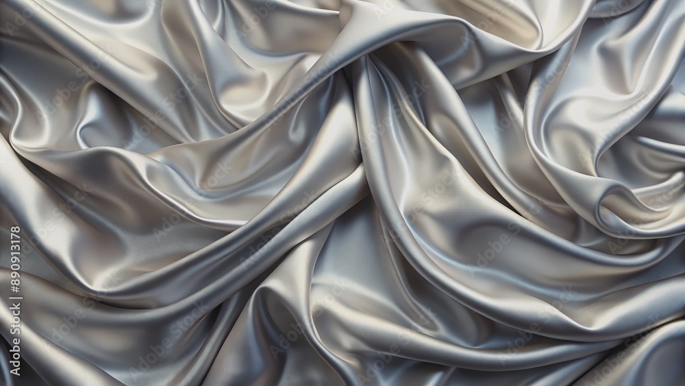 Luxurious silver silk fabric background with smooth wrinkles, shimmering texture, and subtle sheen, perfect for showcasing jewelry, cosmetics, or luxurious products.