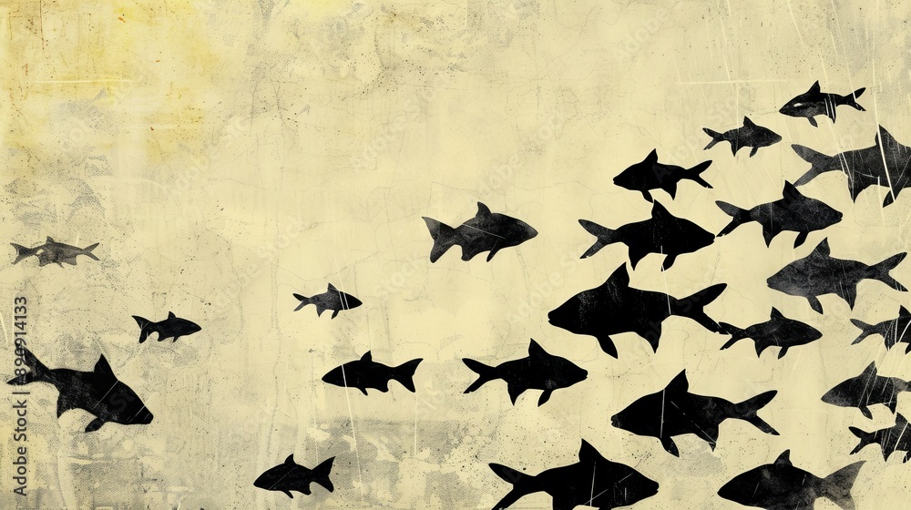 Naklejka premium Artistic depiction featuring silhouettes of several fish swimming together against a textured yellow background, evoking themes of unity and movement in the marine world.