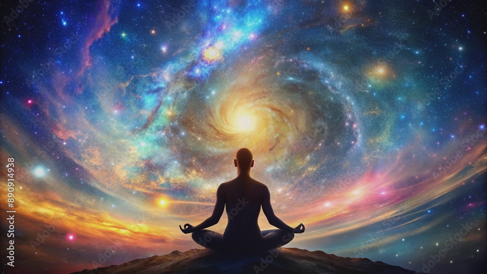 Serene silhouette of a figure in meditation pose against a vibrant, starry night sky with swirling galaxies and nebulas, evoking inner peace and cosmic connection.