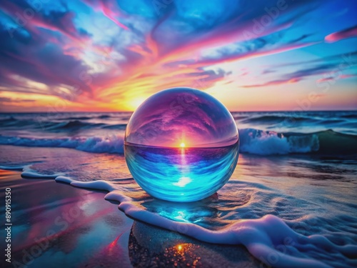 Vibrant surreal waves of electric blue and pink hues envelop a serene, glowing orb, evoking a sense of peaceful contemplation in a dreamlike atmosphere. photo