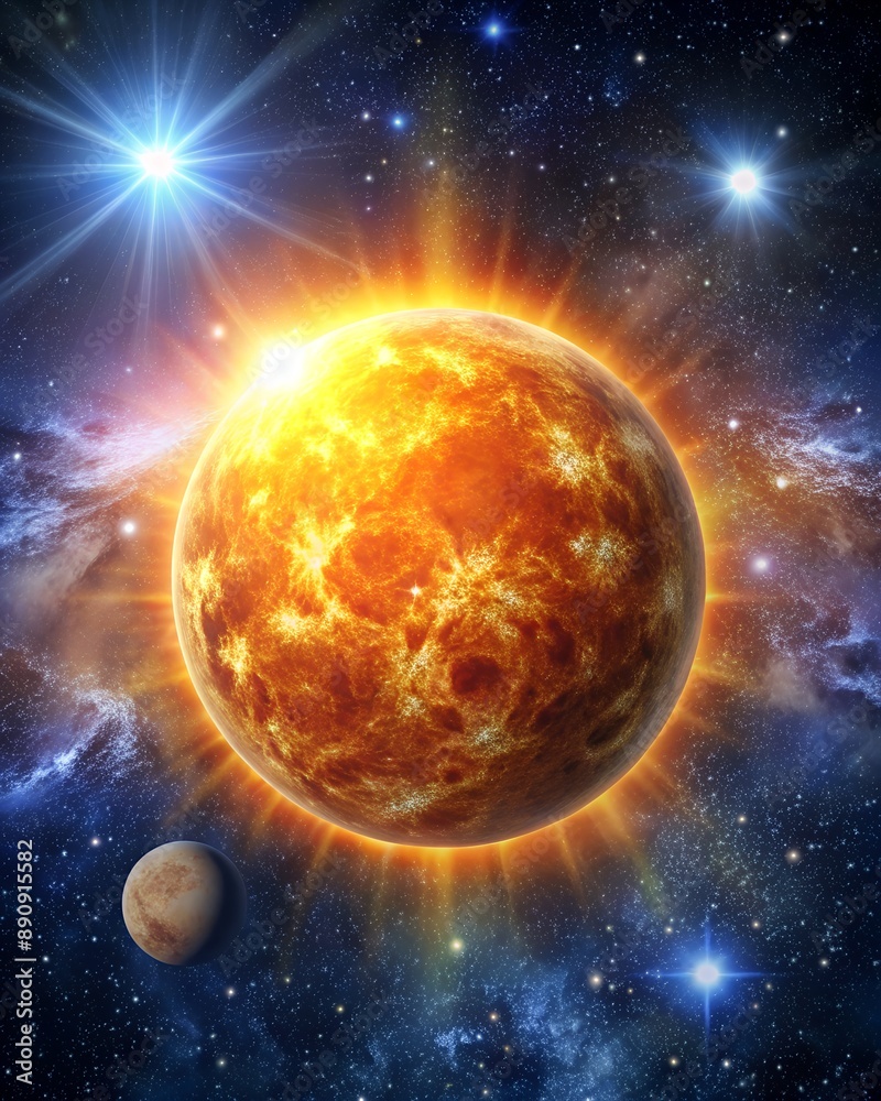 Obraz premium Bright orange planet surrounded by nebula clouds and stars