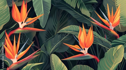 Four bird-of-paradise flowers create a dynamic display against a backdrop of lush green leaves, capturing the vivid and captivating nature of tropical flora.
