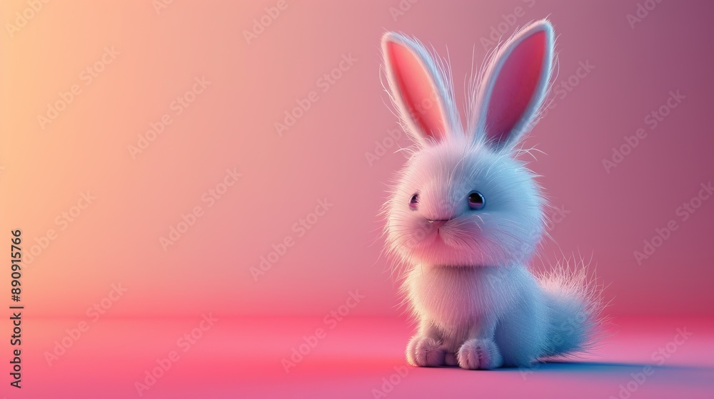 Fototapeta premium A charming image of a fluffy bunny sitting adorably against a vivid background gradient, combining elements of cuteness and vibrancy to create an engaging visual appeal.