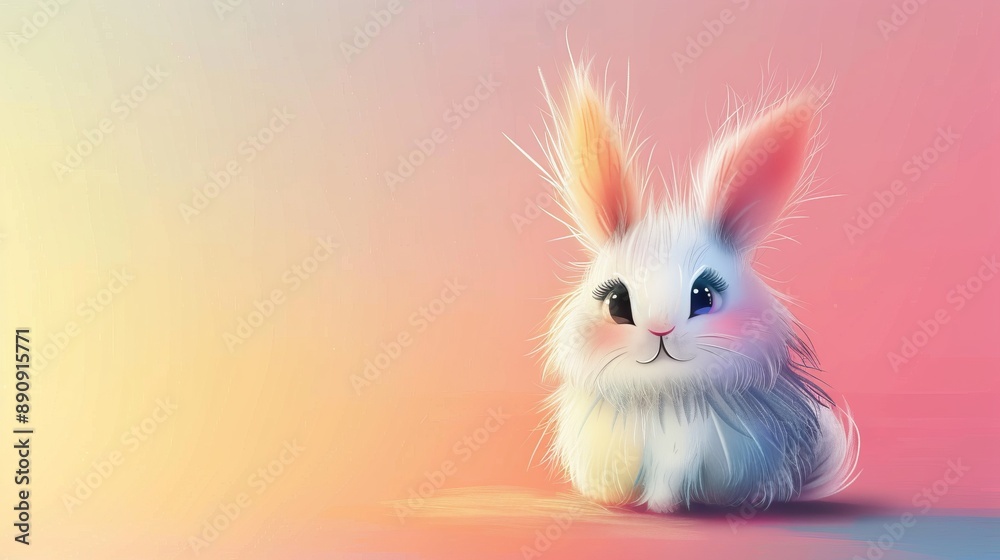 A cute fluffy bunny sits adorably against a sunset-colored background, its colorful fur radiant in the light, exuding warmth and cuteness in a digital artwork. A cute fluffy bunny sits adorably against a sunset-colored background, its colorful fur radiant in the light, exuding warmth and cuteness in a digital artwork.