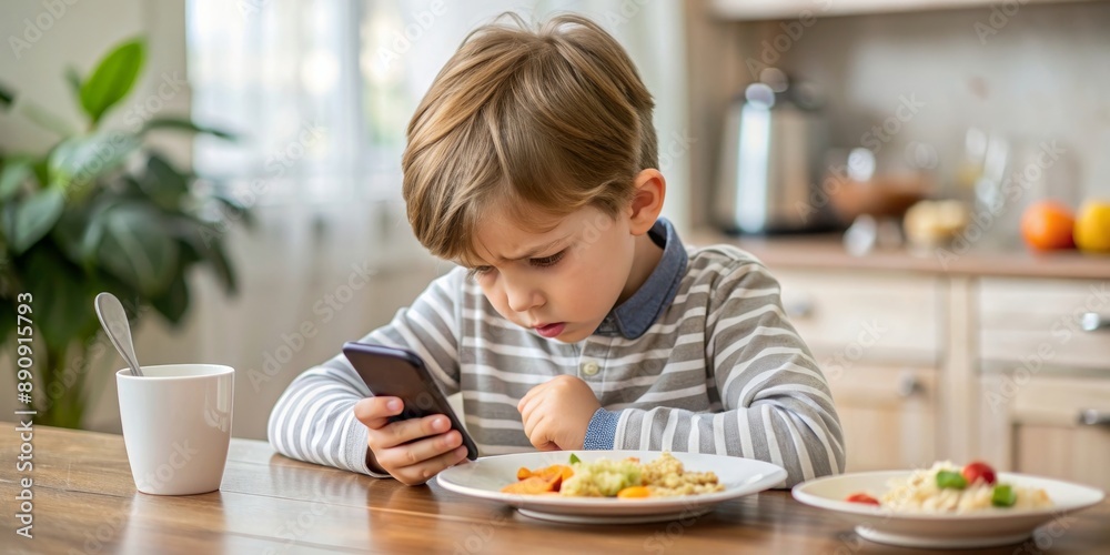 Rebellious child using smartphone during mealtime, frustrating parents and family, rebellious, child, smartphone