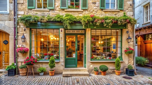 A quaint and charming French village facade with a picturesque boutique storefront , French, village, facade