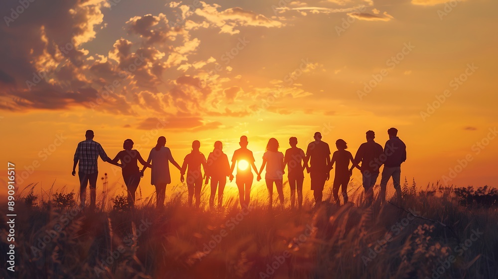 Silhouettes of a Group Holding Hands at Sunset Silhouettes of a Group Holding Hands at Sunset