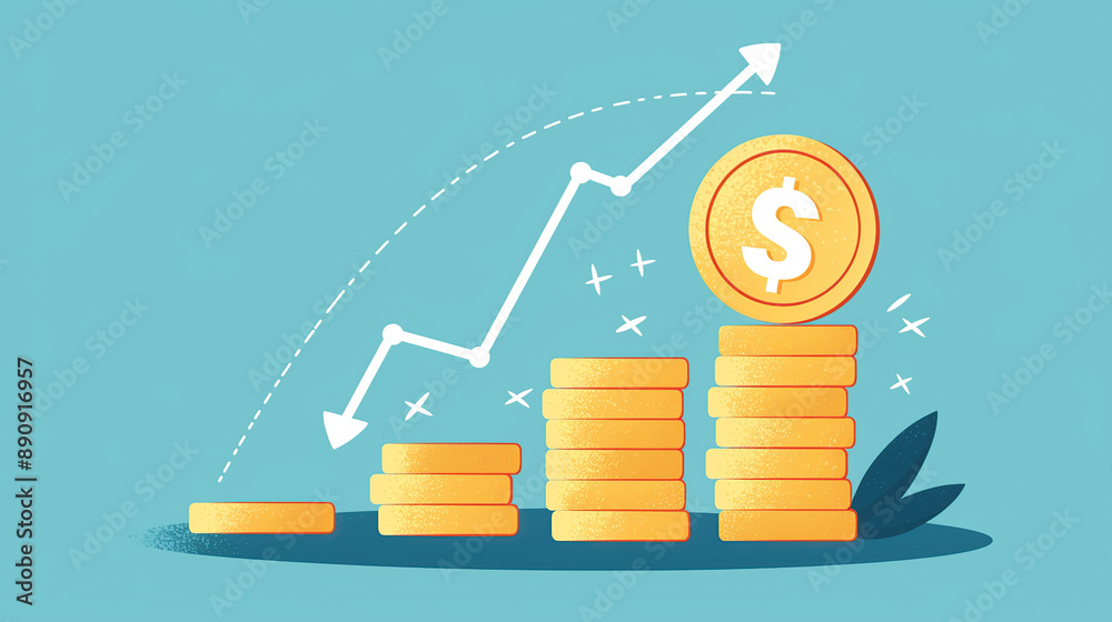 Illustration of a green arrow growing on a stack of coins and a graph with a growth line Illustration of a green arrow growing on a stack of coins and a graph with a growth line