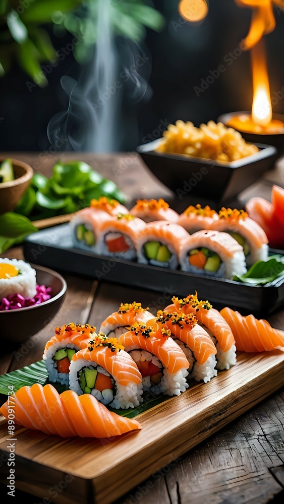 cake decoration on a table, sushi on the table, thai food fried rice with shrimp cake decoration on a table, sushi on the table, thai food fried rice with shrimp