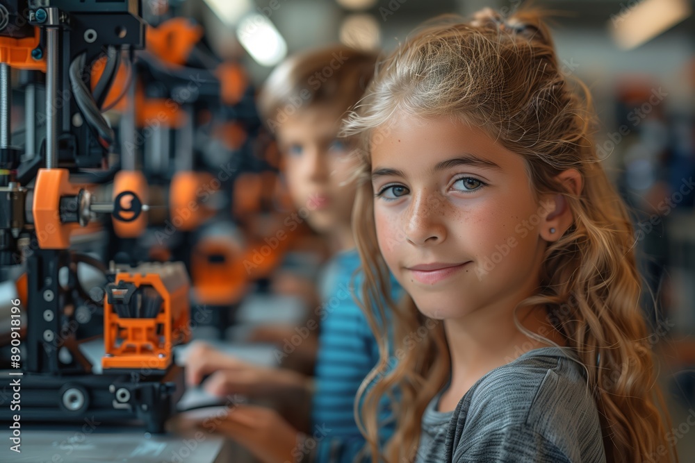 Fototapeta premium Young Girl Looking At Camera While Using 3D Printer In Classroom