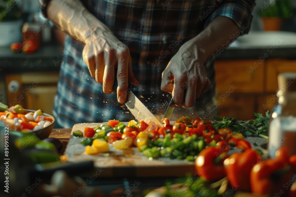 Closeup of a man's hands chopping fresh vegetables on a wooden cutting board in a kitchen. Closeup of a man's hands chopping fresh vegetables on a wooden cutting board in a kitchen.