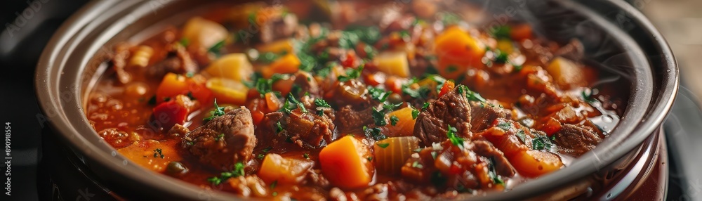Closeup of a pot of hearty stew with meat and vegetables. Closeup of a pot of hearty stew with meat and vegetables.