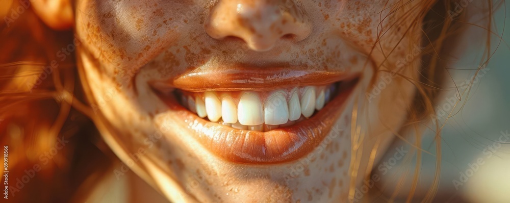 Naklejka premium Close-up of a woman's smiling face, showing perfect white teeth.