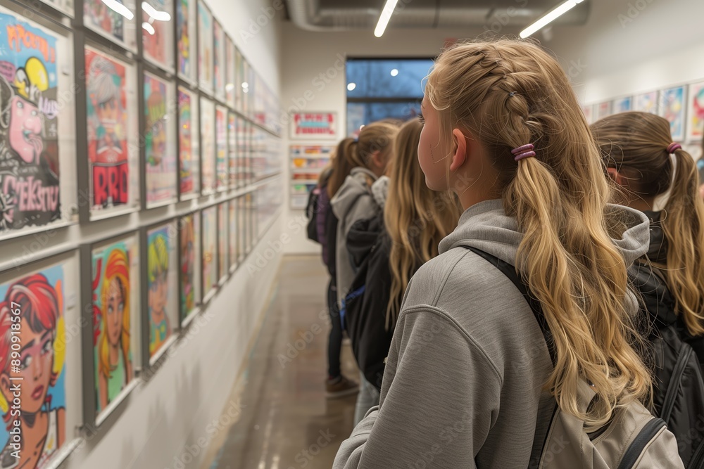 Young Art Enthusiasts Viewing Colorful Posters in a Gallery Young Art Enthusiasts Viewing Colorful Posters in a Gallery