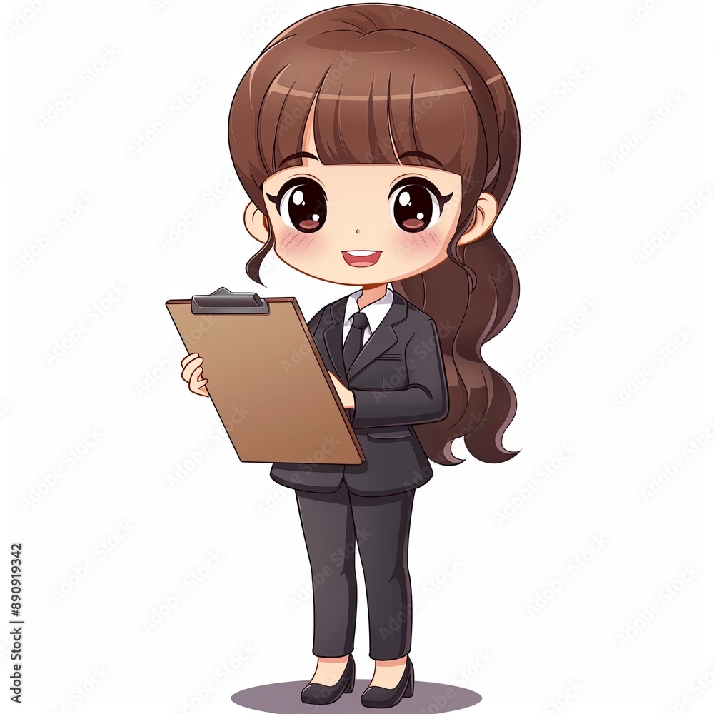 cute and cool cartoon girl businessperson in a dress suit holding a clipboard on a white background. cute and cool cartoon girl businessperson in a dress suit holding a clipboard on a white background.