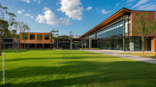 Modern Educational Facility with Spacious Campus, Green Lawn, and Contemporary Architecture © Faisal