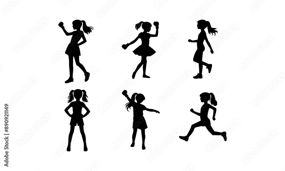 Girls in different standing poses vector set in black and white, Girls in different standing poses silhouettes set Girls in different standing poses vector set in black and white, Girls in different standing poses silhouettes set