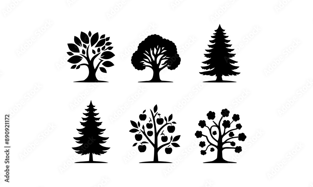 Obraz premium Tree vector set in black and white, Tree silhouettes set