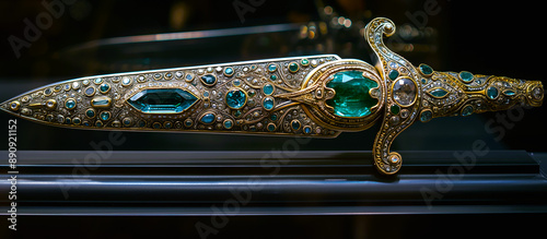 A gold sword encrusted with emerald gemstones and white diamonds photo