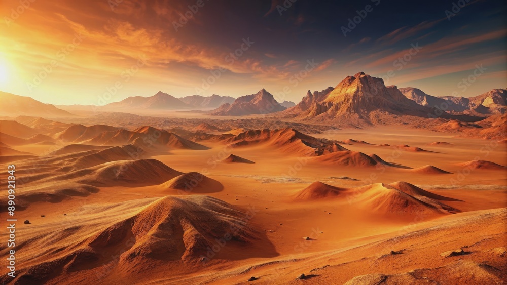 Fototapeta premium Imaginary Mars planet terrain with orange eroded desert mountains , Mars, planet, landscape, render, terrain, orange