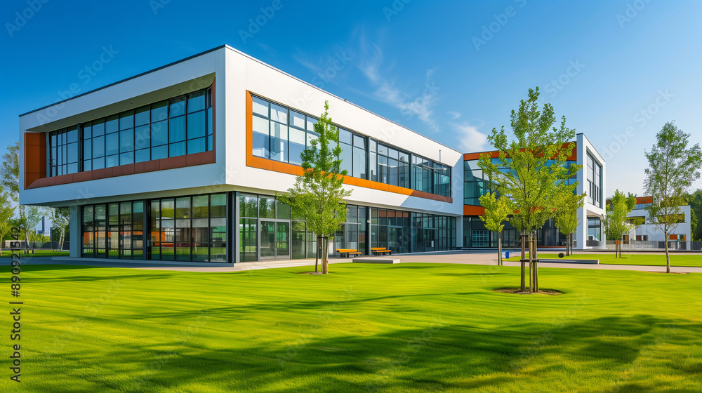 Modern School Building with a Beautiful Exterior, Large Lawn, and Clear Sky on a Sunny Day Modern School Building with a Beautiful Exterior, Large Lawn, and Clear Sky on a Sunny Day