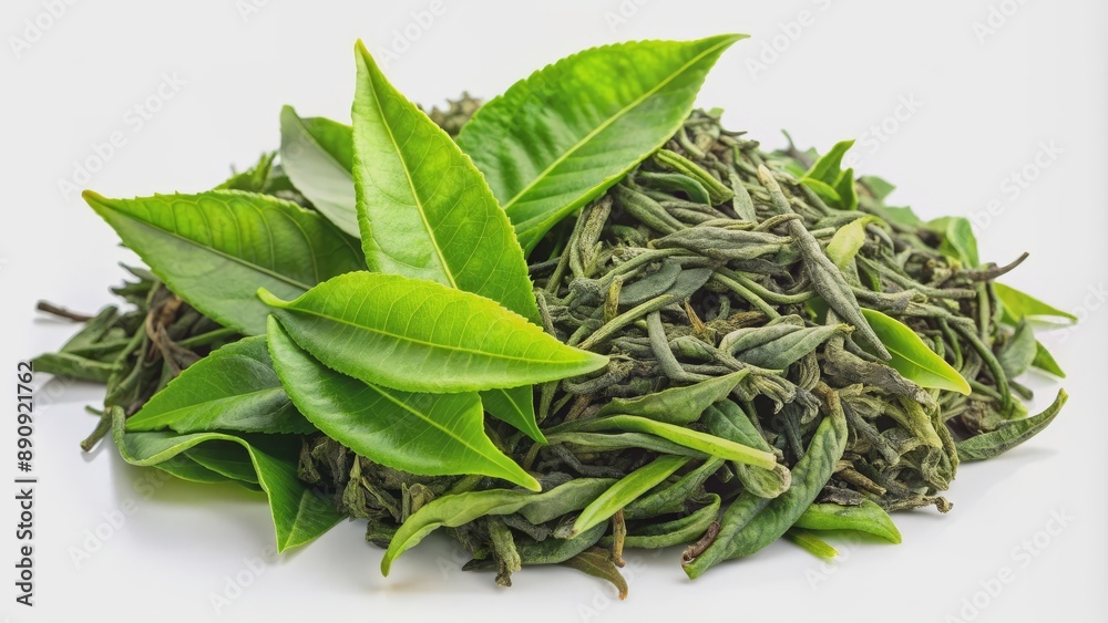 Green natural tea leaves on a white background, rendering, green tea, leaves, natural, organic, healthy, refreshment, beverage Green natural tea leaves on a white background, rendering, green tea, leaves, natural, organic, healthy, refreshment, beverage