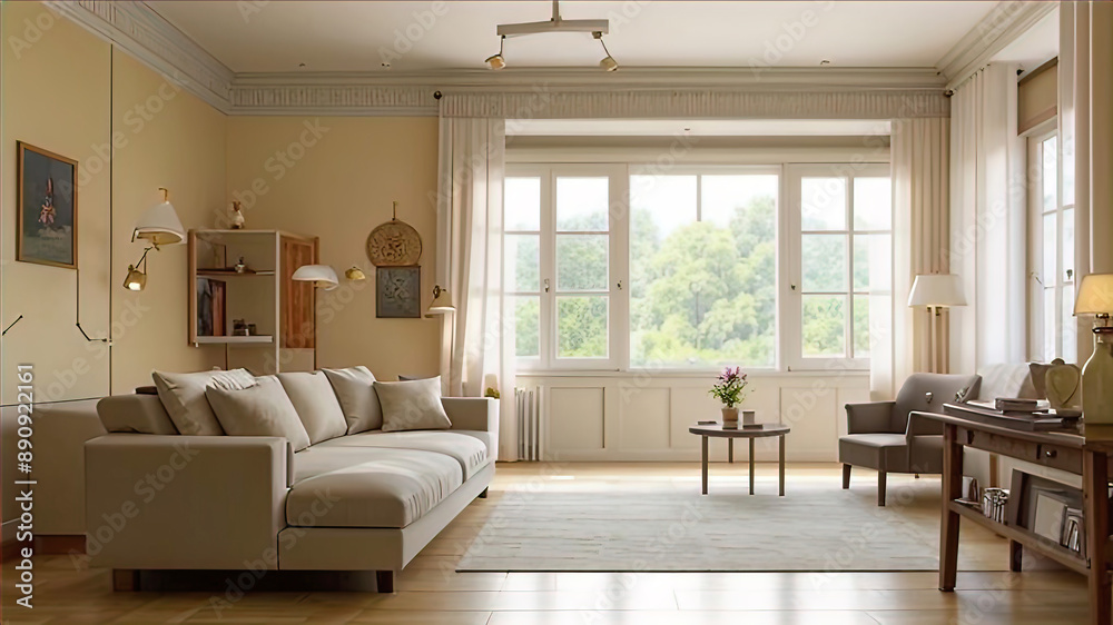 Fototapeta premium modern villa living room with antique decor and furniture, neutral sofa and jute rug, interior photography. Modern interior, 