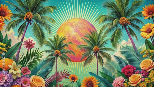 Retro summer collage with vibrant suns, tropical palms, and vintage floral elements , vintage, summer, collage, vibrant