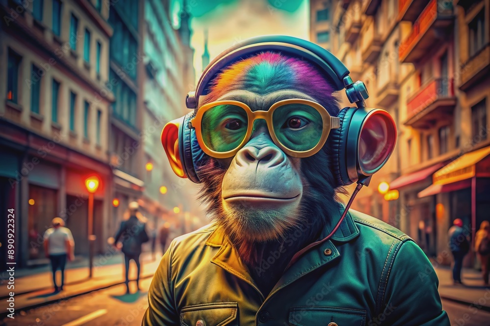 Vibrant monkey in shades and headphones dances with carefree abandon on a colorful city street, exuding infectious joy and retro urban cool amidst gritty urban textures.