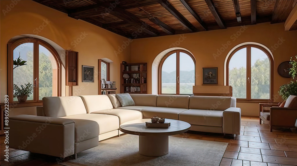 Fototapeta premium modern villa living room with antique decor and furniture, neutral sofa and jute rug, interior photography. Modern interior,