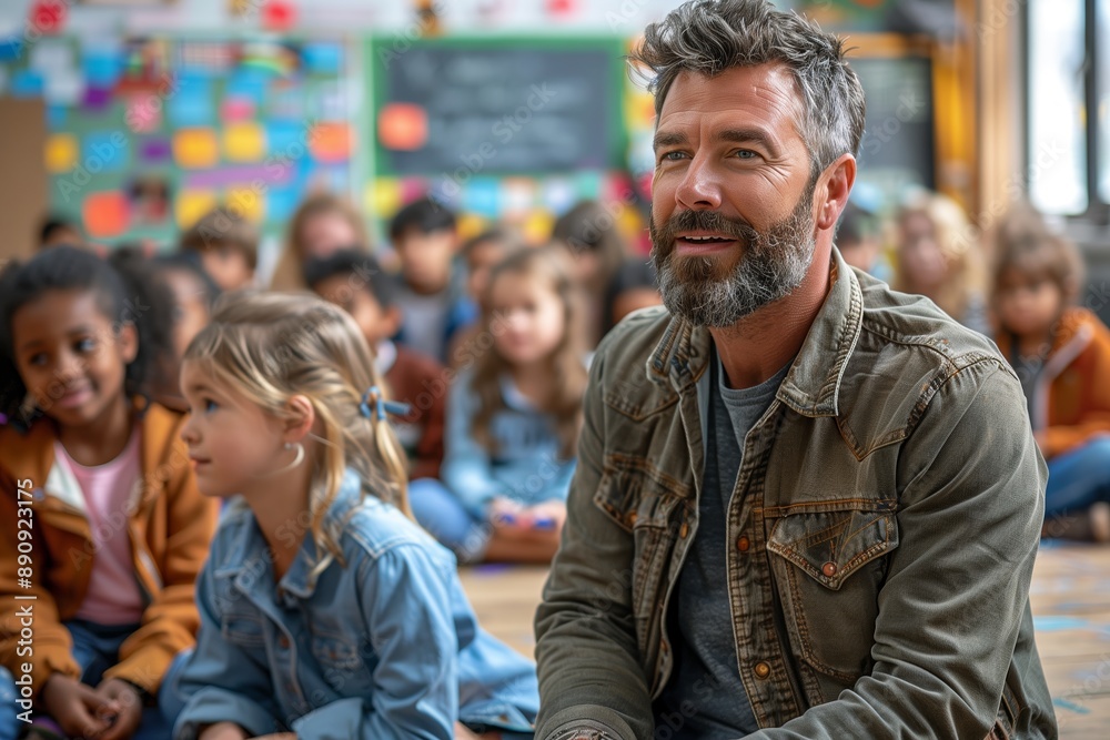 Male Teacher Sitting With Elementary School Students in a Classroom Male Teacher Sitting With Elementary School Students in a Classroom