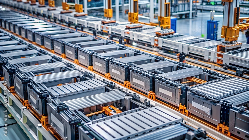 Lithium ion battery cells moving along a conveyor belt during the manufacturing process Lithium ion battery cells moving along a conveyor belt during the manufacturing process