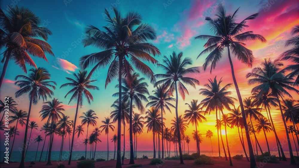 Vibrant peach and pink hues merge with turquoise and blue tones in a retro gradient sunset on a serene tropical island with swaying palm trees. Vibrant peach and pink hues merge with turquoise and blue tones in a retro gradient sunset on a serene tropical island with swaying palm trees.