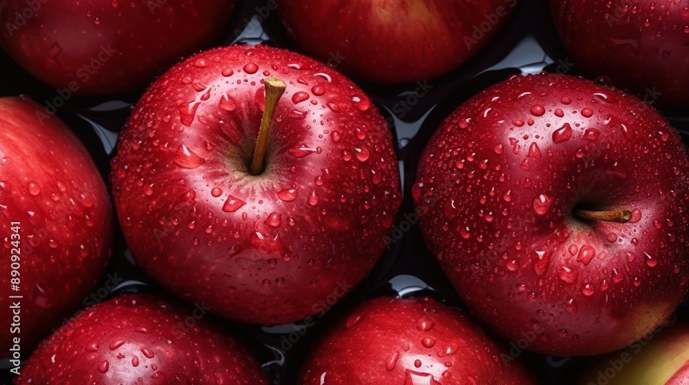 Top view and flat lays, Lots of red apples with drops water. Tasty and juicy. Background of red apples.