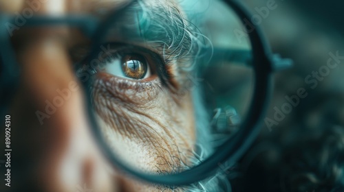 A macro shot highlighting an elderly man's eye magnified through glasses, capturing the depth of his experience and wisdom conveyed through his expressive, wizened eye. photo