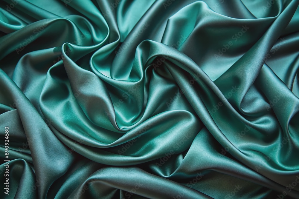 Rich dark teal green silk satin fabric with soft, luxurious folds and a shiny smooth surface provides an elegant background for design elements. Rich dark teal green silk satin fabric with soft, luxurious folds and a shiny smooth surface provides an elegant background for design elements.