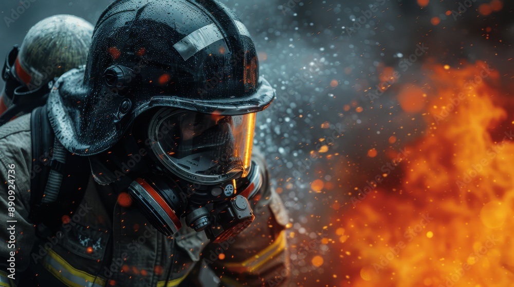 A firefighter in protective gear strides forward, ready to fight the fierce fire, with a backdrop of blazing flames and dynamic weather showing true dedication and bravery. A firefighter in protective gear strides forward, ready to fight the fierce fire, with a backdrop of blazing flames and dynamic weather showing true dedication and bravery.