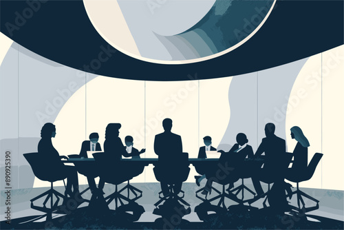Silhouetted figures in a business meeting around a large conference table