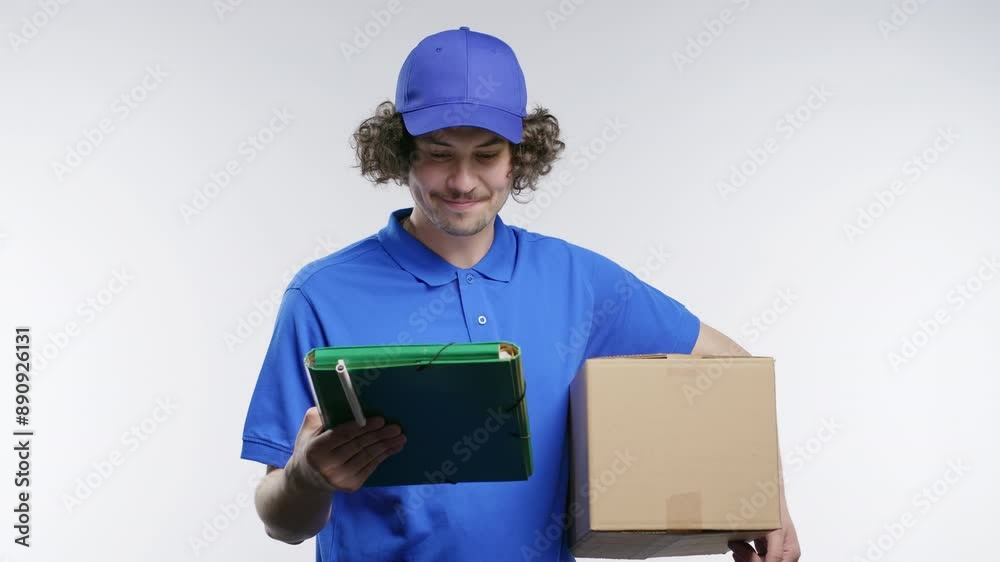 Positive postal courier man in blue uniform with parcel box. Happy postman delivers address package on white studio background. Positive postal courier man in blue uniform with parcel box. Happy postman delivers address package on white studio background.