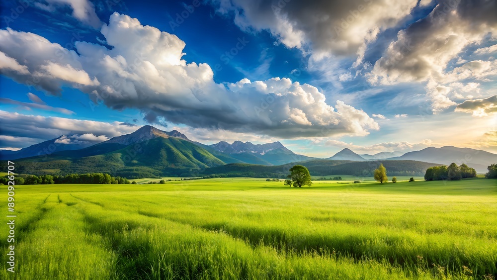 Green grass waving in spring wind with dramatic cloudscape and mountains Green grass waving in spring wind with dramatic cloudscape and mountains