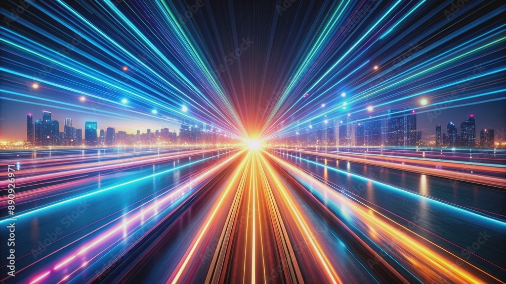 Glowing illuminated lines with motion blur in rendering, creating a panoramic view, neon, abstract, light trails, futuristic Glowing illuminated lines with motion blur in rendering, creating a panoramic view, neon, abstract, light trails, futuristic