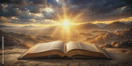 Epic cinematic presentation of an open bible revealing the Book of Exodus , Book of Exodus, bible study