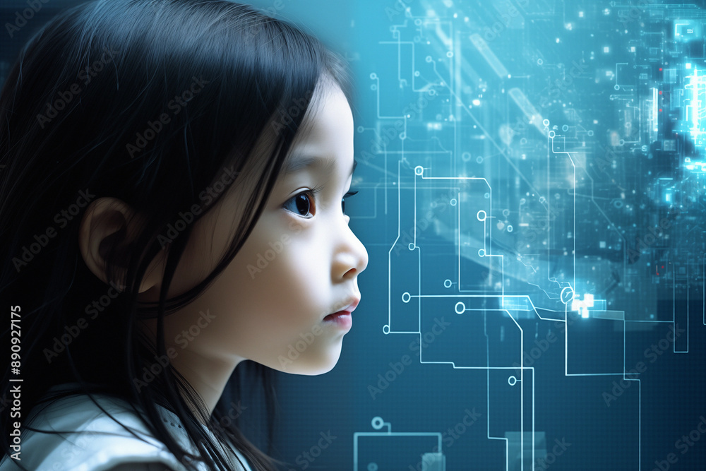 Close up Asian girl profile with a futuristic technology background behind her Close up Asian girl profile with a futuristic technology background behind her