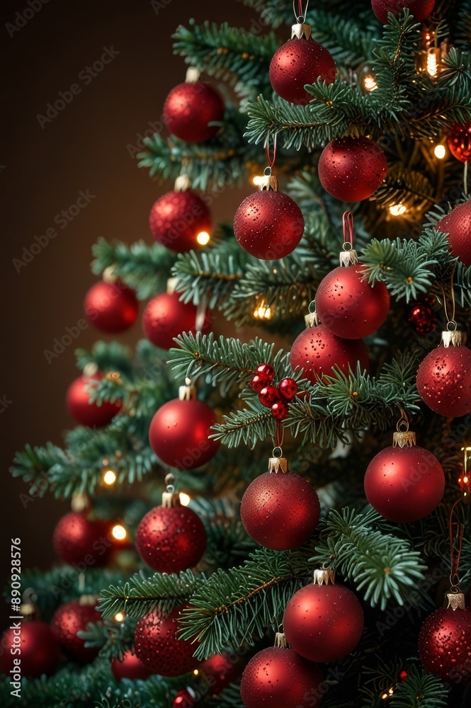 Fototapeta premium A Christmas tree decorated with red ornaments and twinkling lights