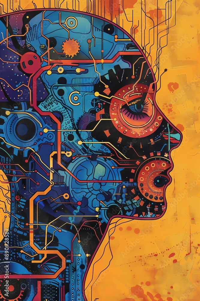 Fototapeta premium A colorful abstract illustration of a human head with gears and circuits